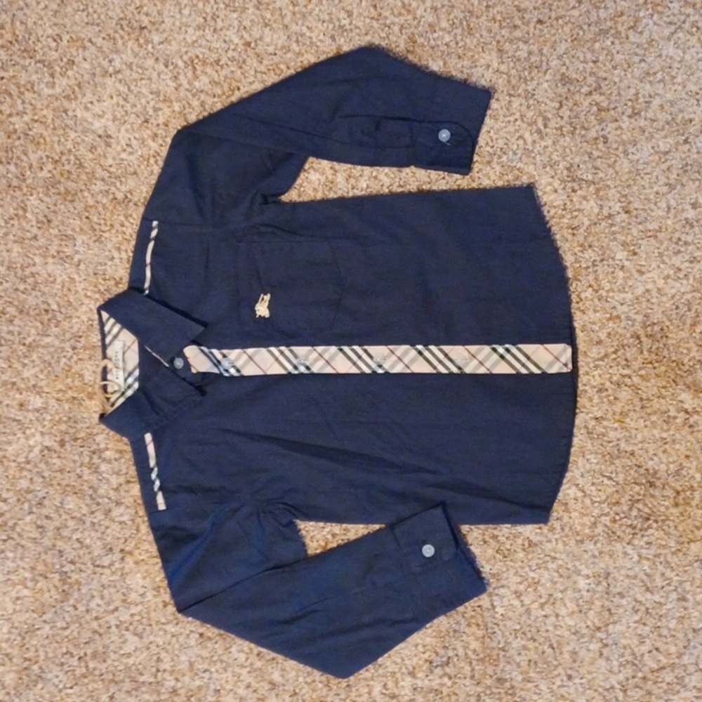 Burberry long sleeve button up shirt Little Kids large, navy w/ tan plaid